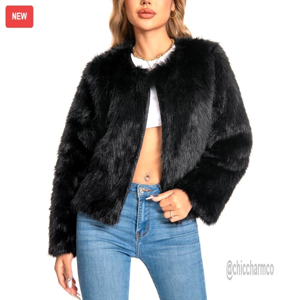 Plus Size Faux Fur Winter Coat with Pockets, Fluffy Long Sleeve Jacket